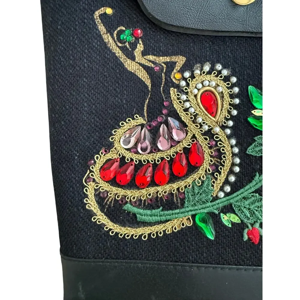 Vintage Embellished Top Handle Rhinestone Flamenco Dancer Embroidered Rose Purse